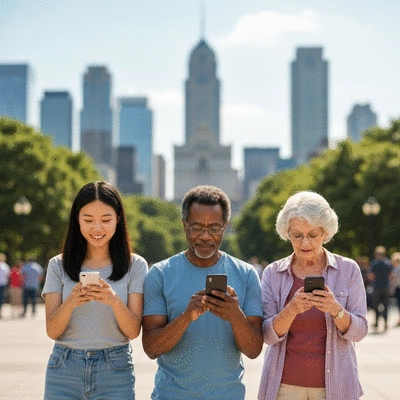 People interacting with local news on their phones, with city skyline in the background