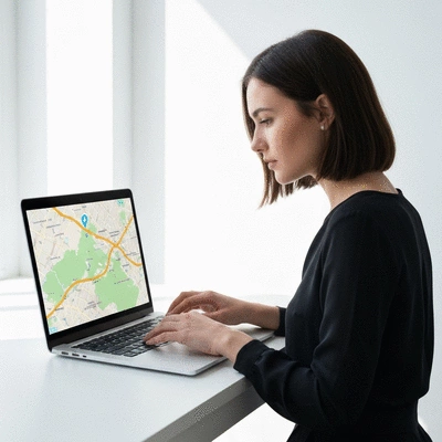 Person using a laptop with a map overlay, symbolizing geo-targeted content