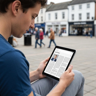 Person reading local news on a tablet with community buildings in the background